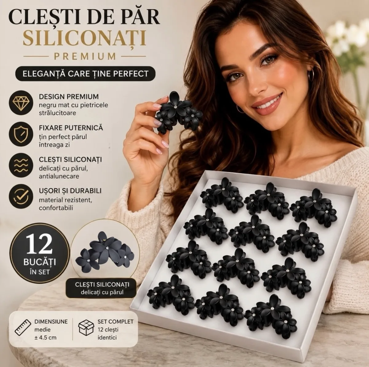 Clești de păr siliconați negri G448 - set 12 bucăți En-Gross — Image 1