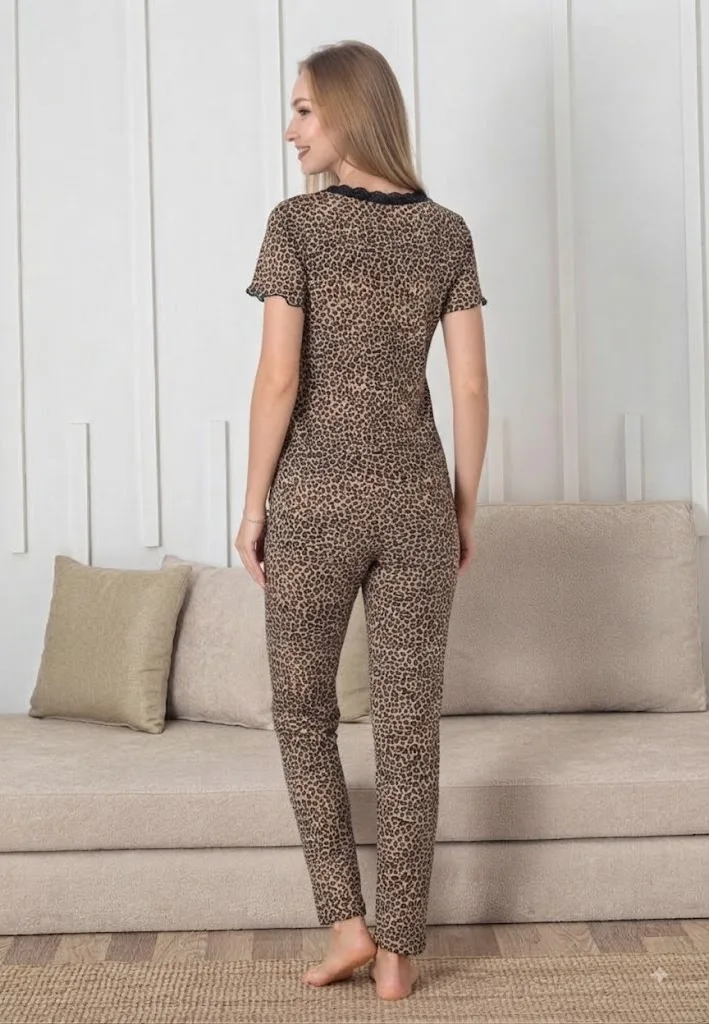 Pijama dama Engros, Model leopard, Mânecă scurtă, Pantaloni lungi, — Görsel 3