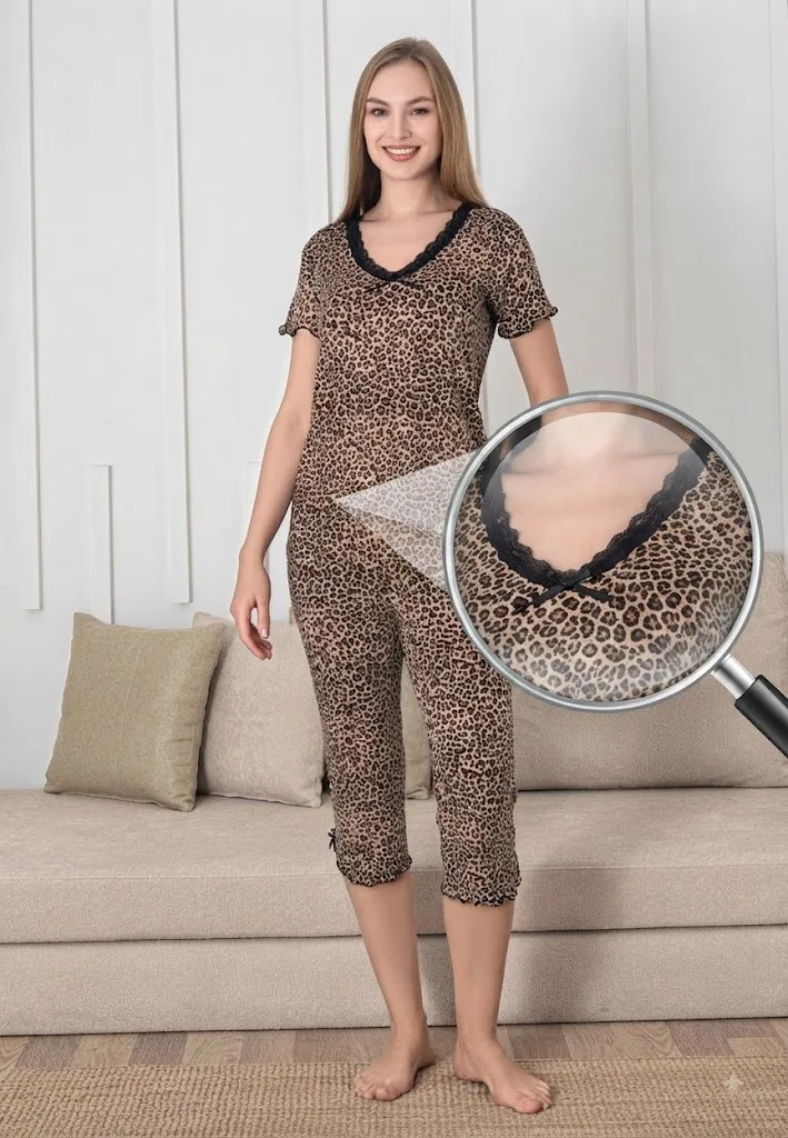 Pijama dama Engros, Model leopard, Mânecă scurtă, Pantaloni 3/4 — Imaginea 2