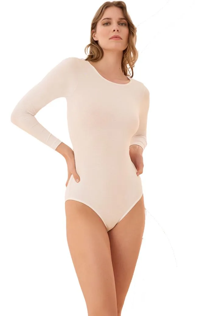 Body cu Mâneci Lungi și Închidere cu Capse, Engros , Bej — Image 1