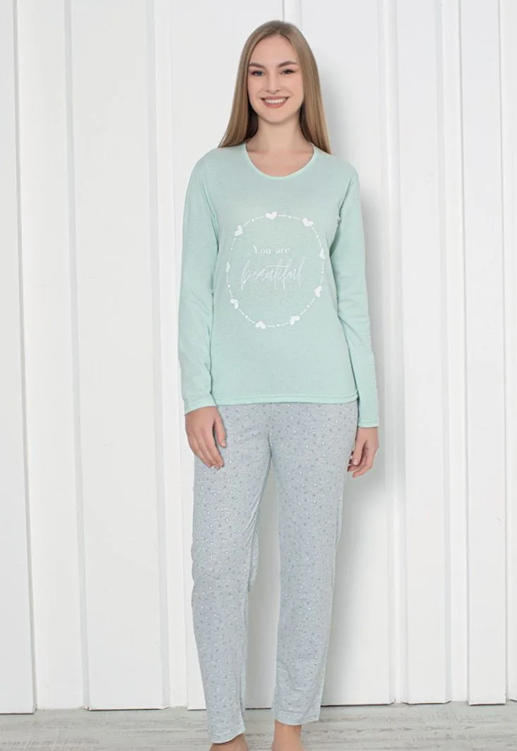 Pijama damă cu mânecă lungă și pantaloni lungi, imprimeu ,,You Are Beautiful', Engros — Image 1