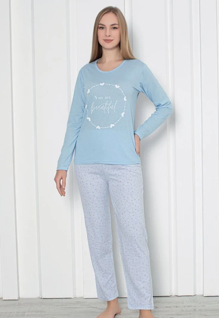 Pijama damă cu mânecă lungă și pantaloni lungi, imprimeu ,,You Are Beautiful'', culoare albastru, Engros — Imaginea 1