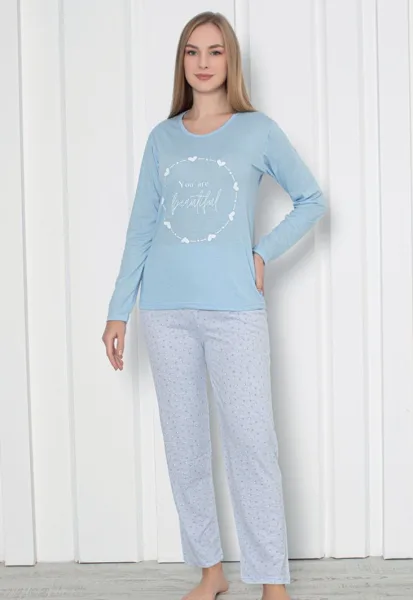 Pijama damă cu mânecă lungă și pantaloni lungi, imprimeu ,,You Are Beautiful'', culoare albastru, Engros