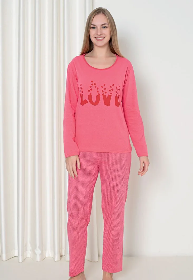 Pijama damă cu mânecă lungă și pantaloni lungi, imprimeu ,,Love'', culoare roz, Engros — Image 1
