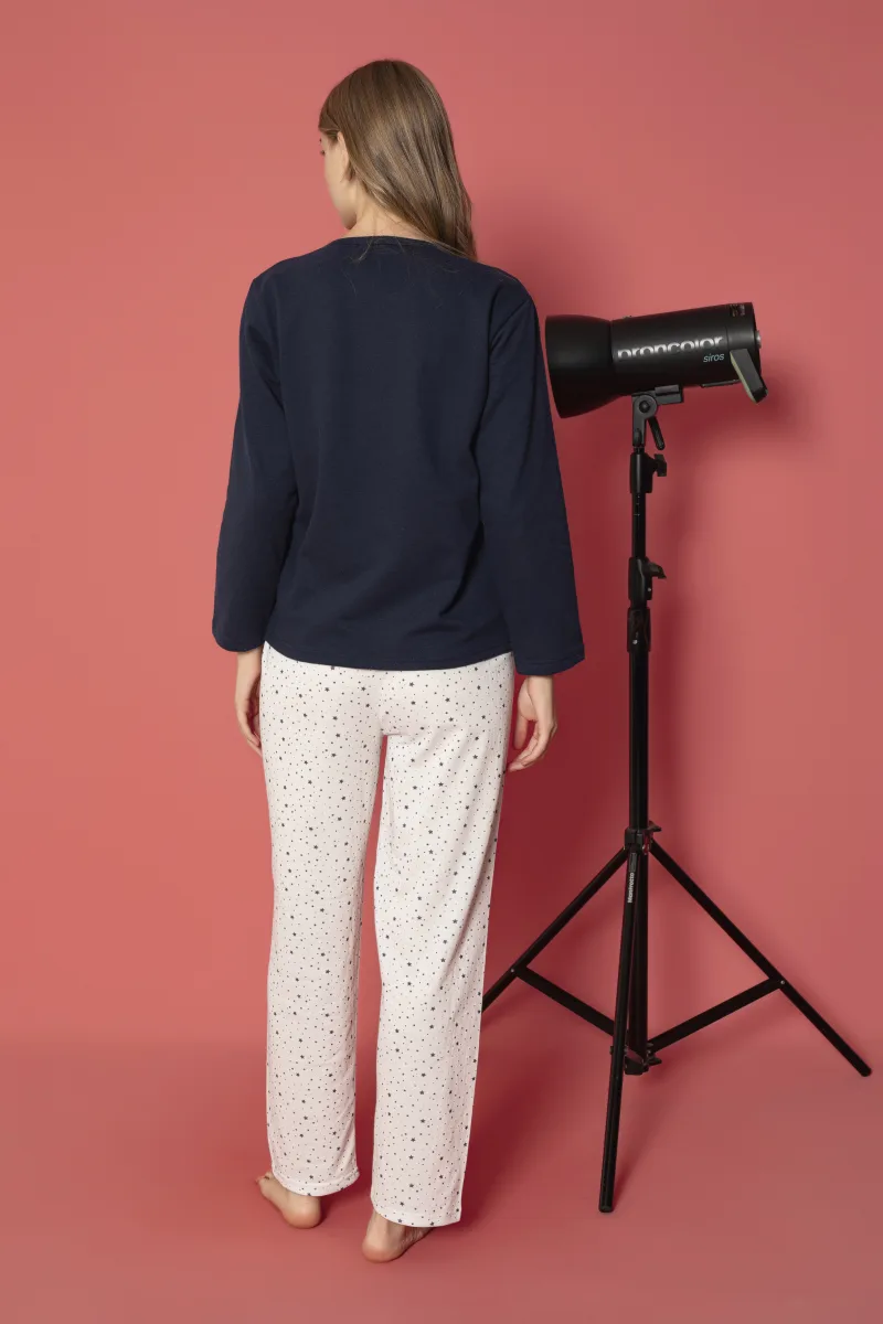 Pijama damă vătuită cu mânecă lungă și pantaloni lungi din bumbac, imprimeu cu stea, Engros — Görsel 3
