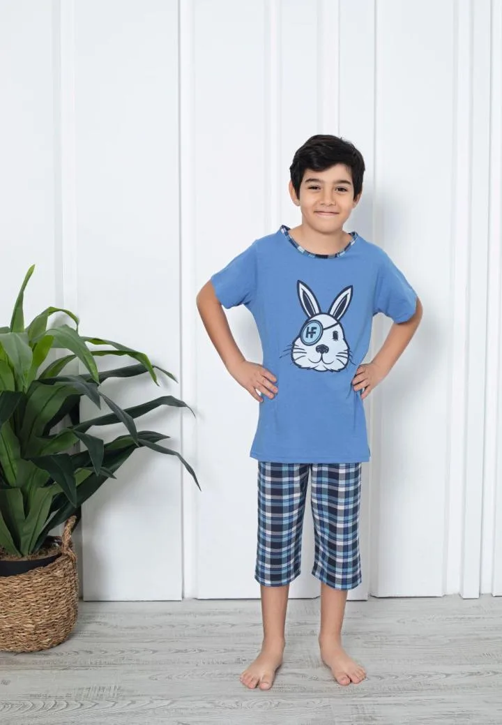 Pijama băieți, mânecă scurtă si pantalon 3/4, imprimeu iepure haios, albstru  ,Engros — Imaginea 1