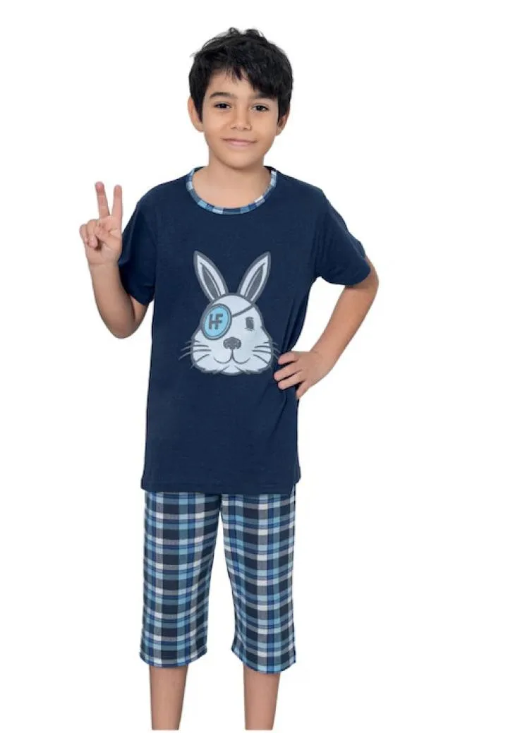 Pijama băieți, mânecă scurtă si pantalon 3/4, imprimeu iepure haios, albstru  inchis ,Engros — Imaginea 1