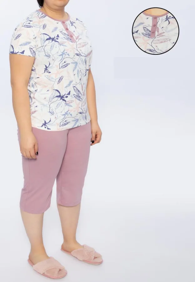 Pijama dama bumbac big size, baza gâtului cu 3 nasturi și flori,Mov  Engros