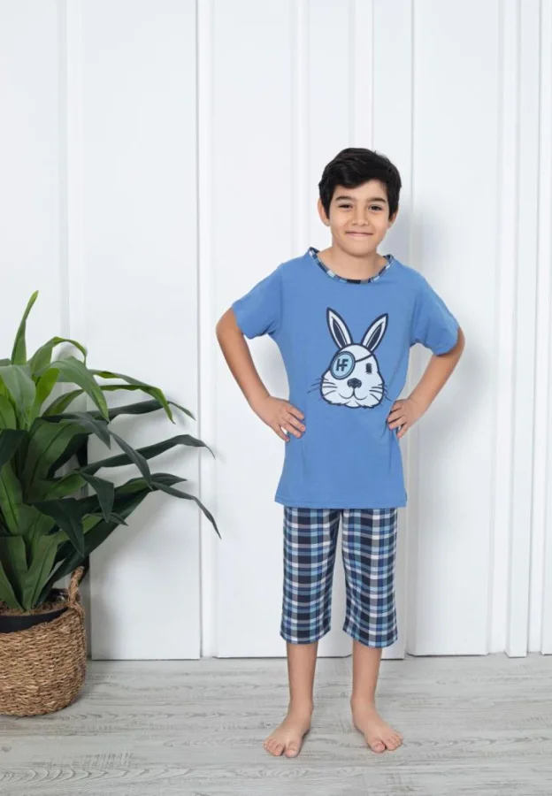 Pijama băieți, mânecă scurtă si pantalon 3/4, imprimeu iepure haios, albstru  ,Engros