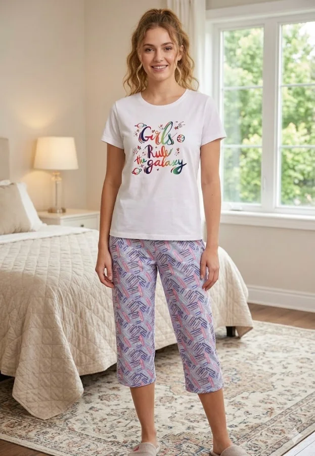 Pijama Dama Mâneca Scurtă și Pantaloni Trei Sferturi –Gril Rule,Engros