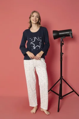 Pijama damă vătuită cu mânecă lungă și pantaloni lungi din bumbac, imprimeu cu stea, Engros