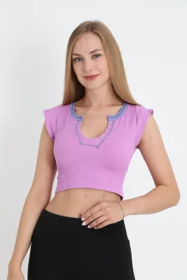 Crop Tricou Damă cu Mânecă Scurtă ,Culoare Mov, Engros