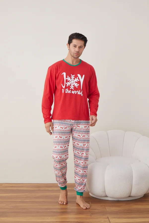 Pijama barbat Craciun maneca lunga pantaloni lungi rosu Joy ENGROS
