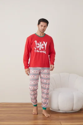 Pijama barbat Craciun maneca lunga pantaloni lungi rosu Joy ENGROS