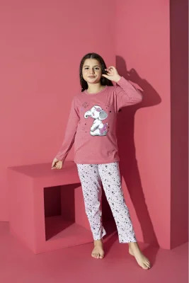Pijama Fete, Mânecă Lungă, Imprimeu Elefant, Roz Deschis,Engros
