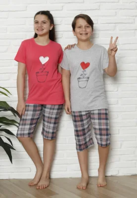 Pijama Copii cu maneca scurta si pantalon 3/4, culoare Gri si Coral ,Engros
