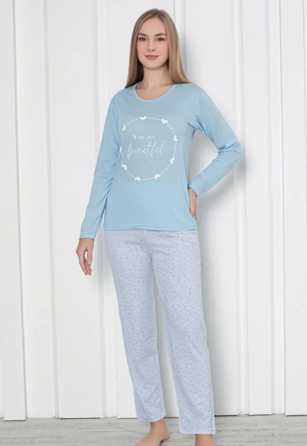 Pijama damă cu mânecă lungă și pantaloni lungi, imprimeu ,,You Are Beautiful'', culoare albastru, Engros