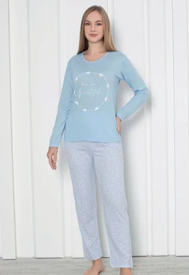Pijama damă cu mânecă lungă și pantaloni lungi, imprimeu ,,You Are Beautiful'', culoare albastru, Engros