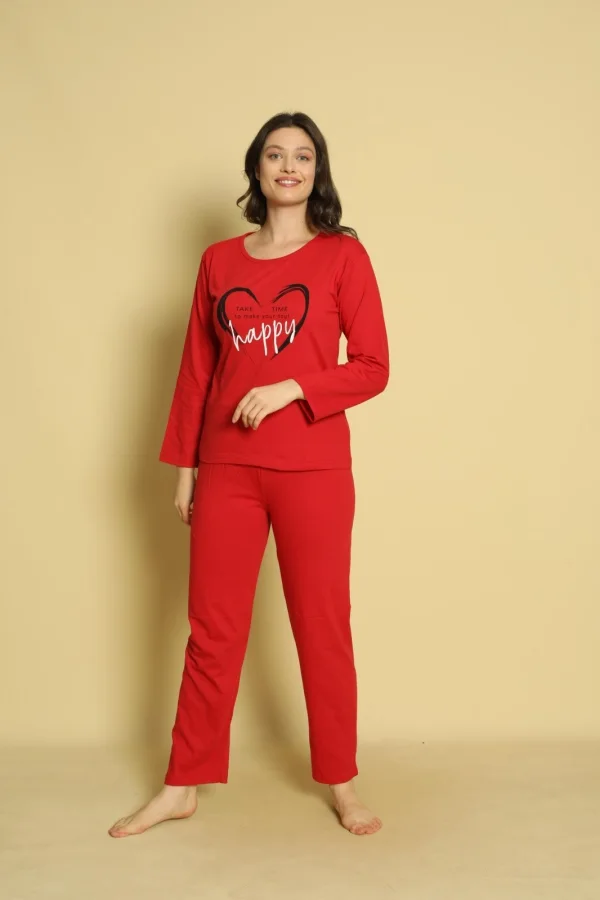 Pijama dama Serena-maneca lunga si pantalon lung, culoare rosu ,Engros