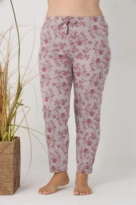 Pantaloni de Pijama Dama Lungi,Big Size,Culoare Crem cu Rosu, Engros