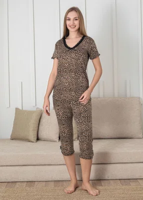 Pijama dama Engros, Model leopard, Mânecă scurtă, Pantaloni 3/4