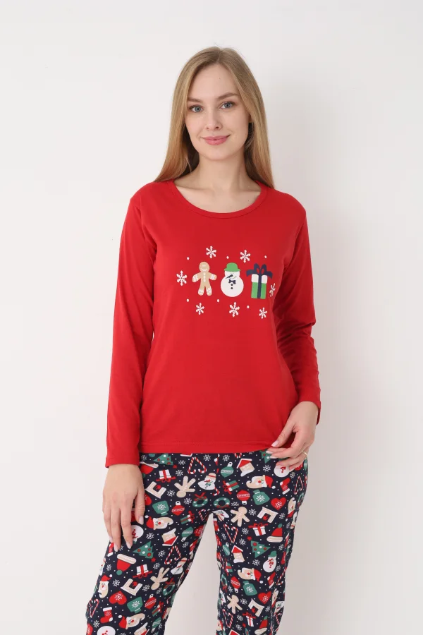 Pijama dama Craciun,maneca lunga si pantaloni lungi,imprimeu figurine festive, En-gros