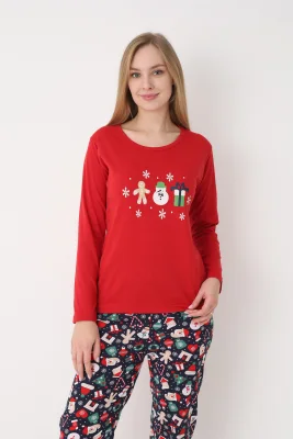 Pijama dama Craciun,maneca lunga si pantaloni lungi,imprimeu figurine festive, En-gros