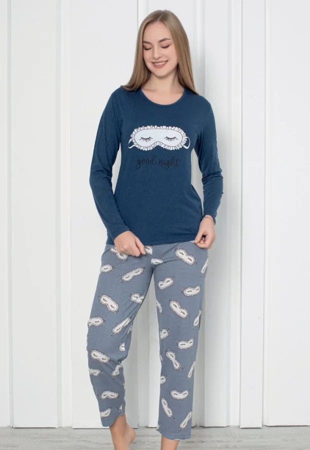 Pijama damă cu mânecă lungă și pantaloni lungi, imprimeu ,,Good Night Bleumarin, Engros