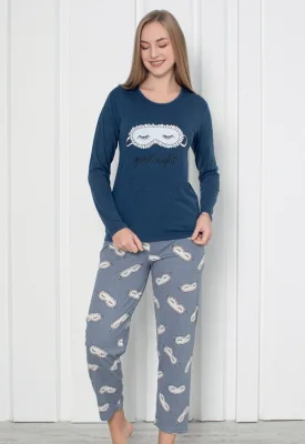 Pijama damă cu mânecă lungă și pantaloni lungi, imprimeu ,,Good Night Bleumarin, Engros