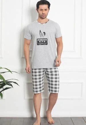 Pijama bărbat din bumbac, mânecă scurtă și pantaloni 3/4,imprimeu,Hip-Hop,Gri,Engros
