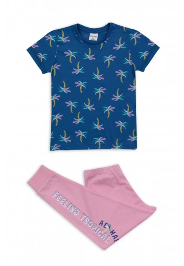 Pijama copii bumbac, bluză mânecă scurtă și pantaloni lungi, imprimeu palmieri,Engros