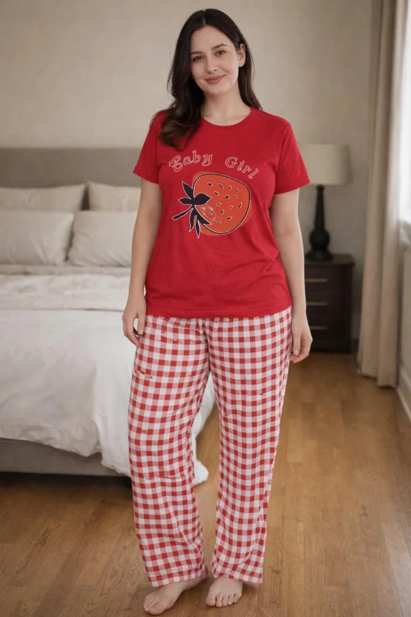Pijama dama cu maneca scurta si pantalon lung, culoare rosu ,Engros