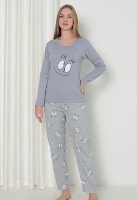Pijama damă cu mânecă lungă și pantaloni lungi, imprimeu ,,Happy Face'', culoare gri, Engros
