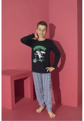 Pijama Băieți cu Mânecă Lungă și Pantaloni Lungi, Imprimeu Scooter,Culoare Bleumarin,Engros