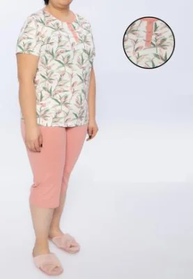 Pijama dama bumbac big size baza gâtului cu 3 nasturi și flori,Roz Engros