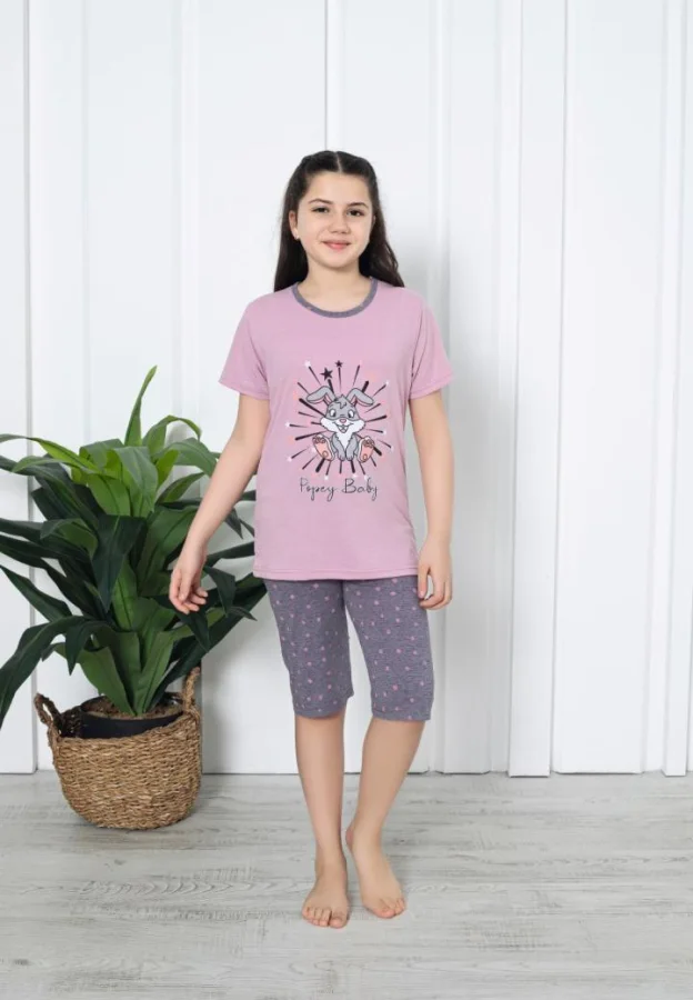 Pijama fetițe cu mânecă scurtă și pantalon 3/4,imprimeu Baby, mov ,Engros