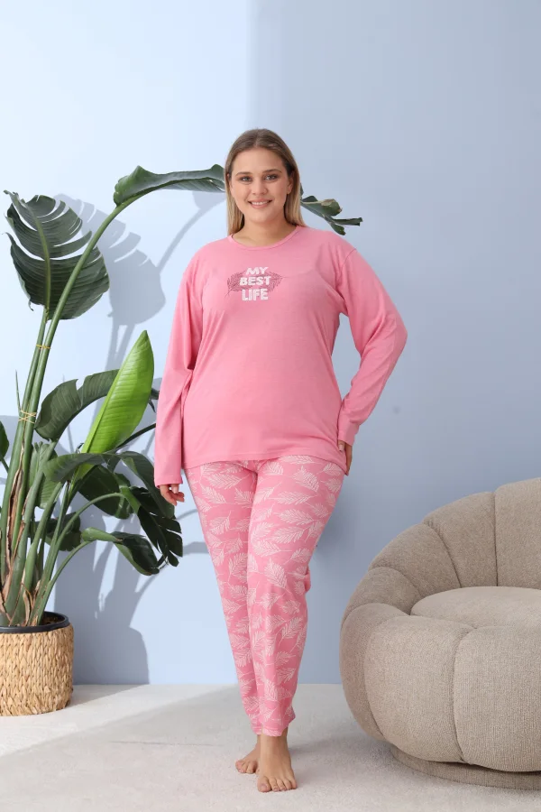 Pijama Dama ,Big Size ,''My best Life" cu Pantloni si Maneca lunga, Culoare Roz,Engros