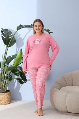 Pijama Dama ,Big Size ,''My best Life" cu Pantloni si Maneca lunga, Culoare Roz,Engros
