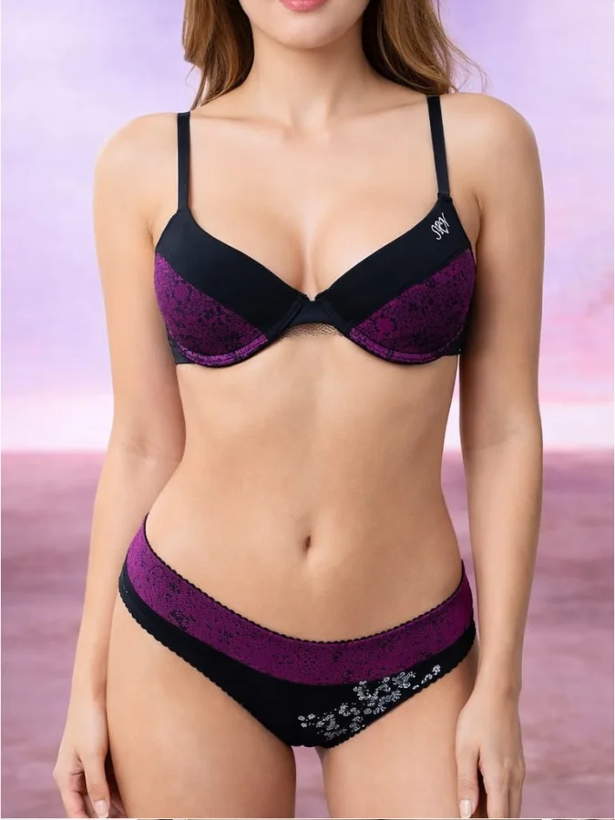 Set lenjerie damă – sutien și chilot tanga,culoare mov si negru,Engros