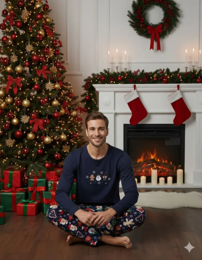 Pijama barbati Craciun,maneca lunga si pantaloni lungi,imprimeu figurine festive,En-gros