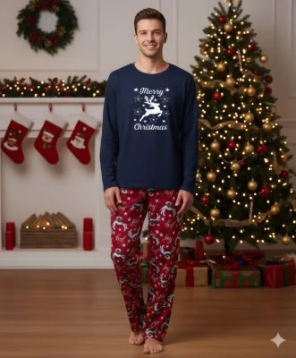 Pijama barbati Craciun,maneca lunga si pantaloni lungi,imprimeu reni,En-gros