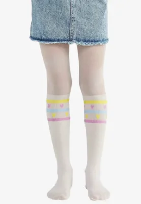 Dres fetițe Penti Young ,,Mini Hearts Line'' 30 DEN, imprimeu dungi colorate, alb Engros
