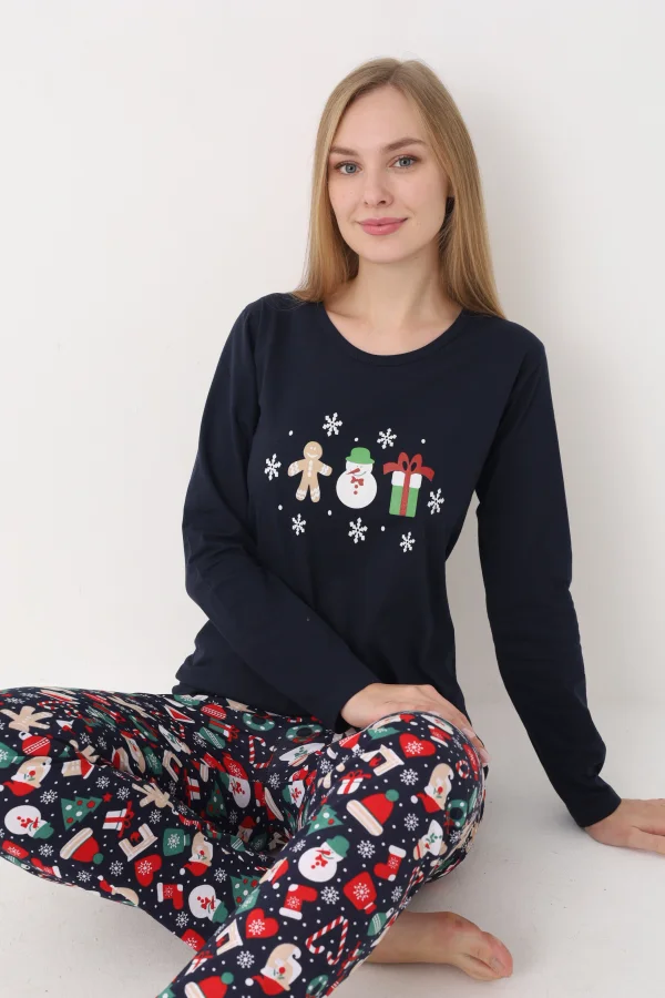 Pijama dama Craciun,maneca lunga si pantaloni lungi,imprimeu figurine festive, En-gros