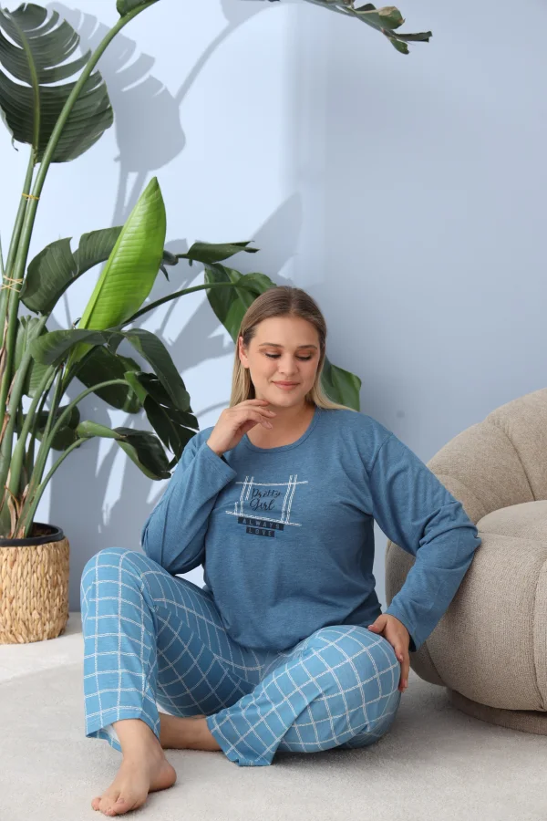 Pijama Dama ,Big Size ,'Prety Gyrl" cu Pantloni si Maneca lunga, Culoare Albastru,Engros