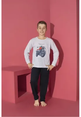 Pijama Băieți cu Mânecă Lungă și Pantaloni Lungi, Imprimeu Motoretă,Culoare Bleu,Engros