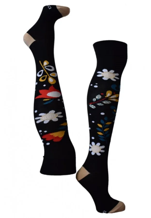 Șosete Damă peste Genuchi, Imprimeu Floral ,Culoare Negru,Engros