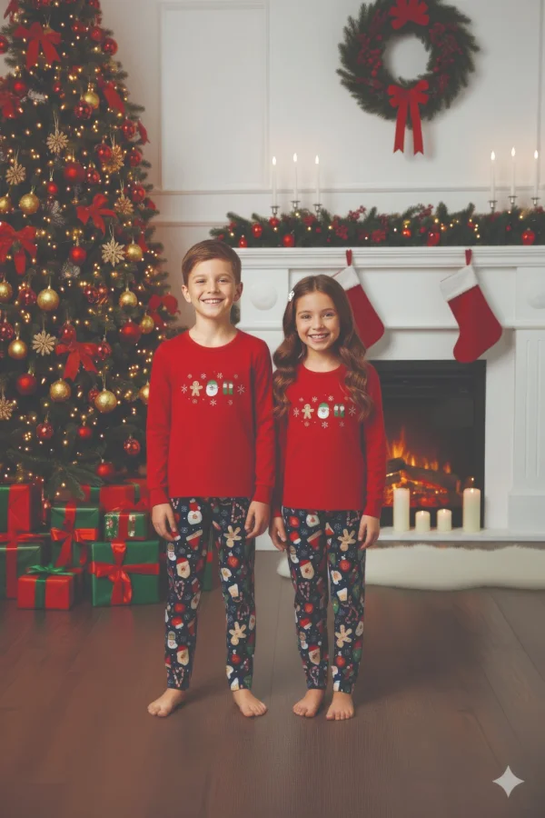 Pijamale de Craciun de copii,cu maneci si pantaloni lungi ,imprimeu figurine festive,En-gros