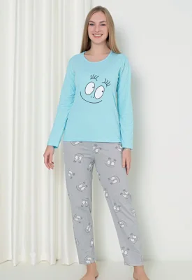 Pijama damă cu mânecă lungă și pantaloni lungi, imprimeu ,,Happy Face'', culoare albastru, Engros