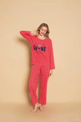 Pijama dama Serena-maneca lunga si pantalon lung, culoare coral ,Engros