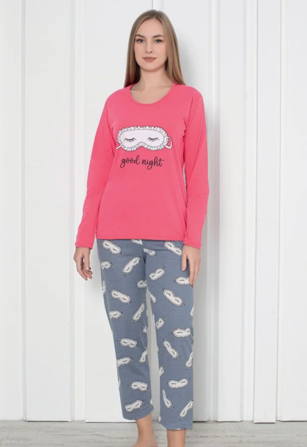 Pijama damă cu mânecă lungă și pantaloni lungi, imprimeu ,,Good Night, Engros